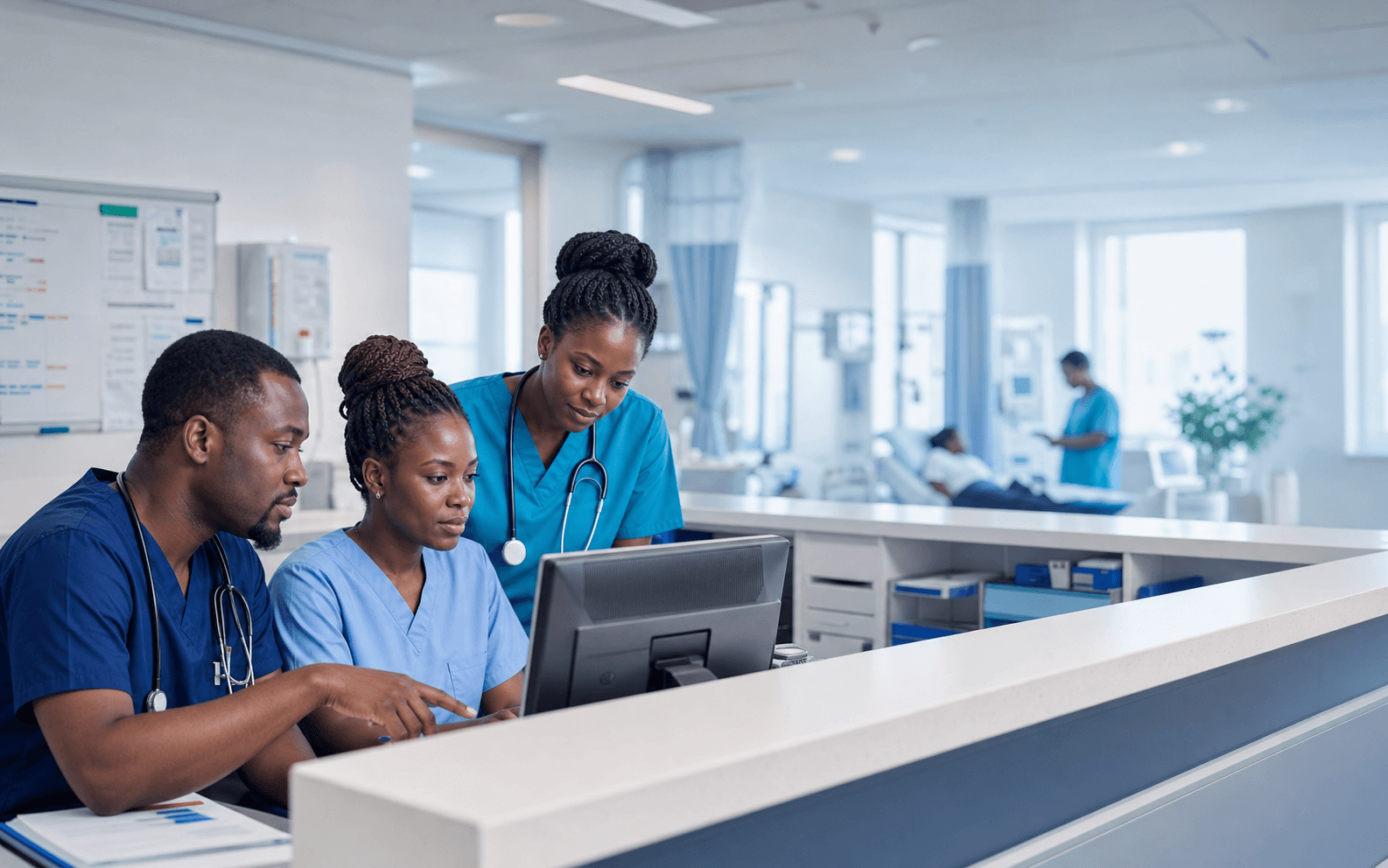 Hospital staff reviewing patient records at a clinical workstation